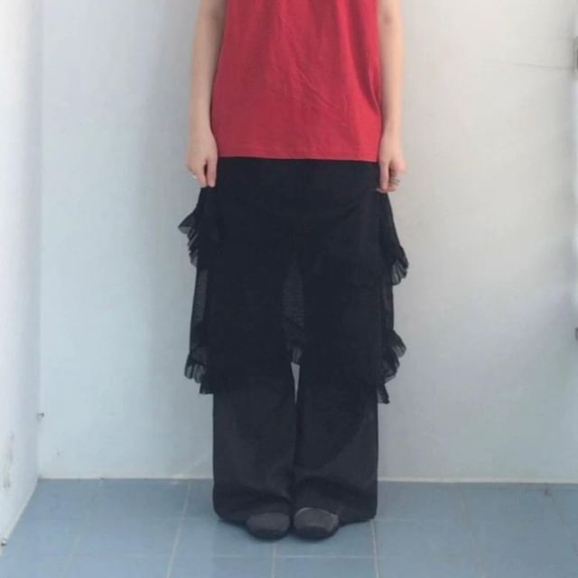 Plain Ruffle Trim Layered Mesh Wrap Skirt