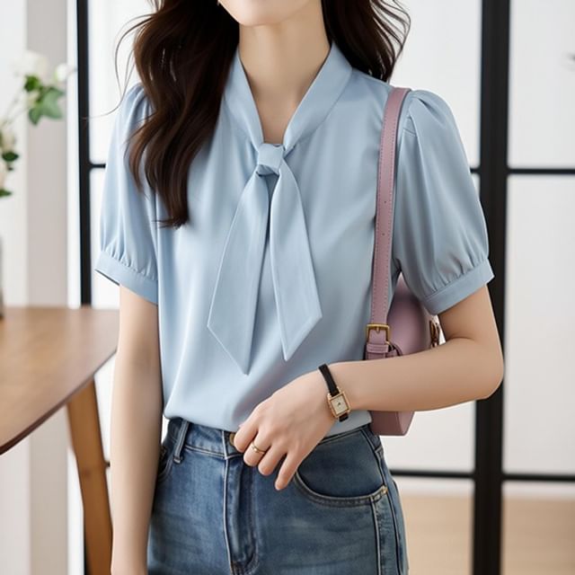 Crewneck Tie Neck Short Sleeve Blouse