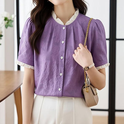 Lace Trim Textured Button Up Short Sleeve Blouse