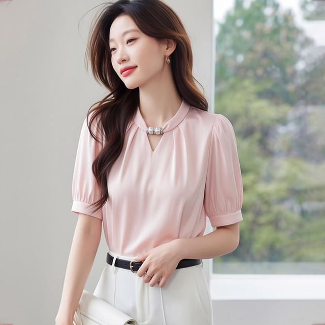 Beaded Cutout Short Sleeve Plain Blouse