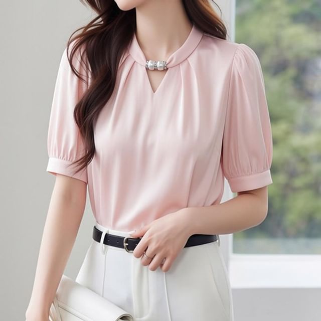 Beaded Cutout Short Sleeve Plain Blouse