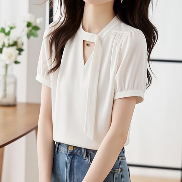 Cutout Short Sleeve Plain Blouse