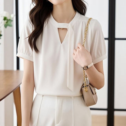 Cutout Short Sleeve Plain Blouse