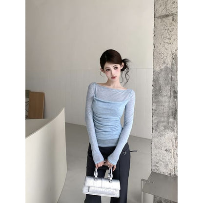 Boat Neck Sheer Ruched Long Sleeve Tee