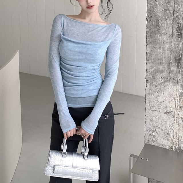 Boat Neck Sheer Ruched Long Sleeve Tee