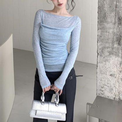 Boat Neck Sheer Ruched Long Sleeve Tee