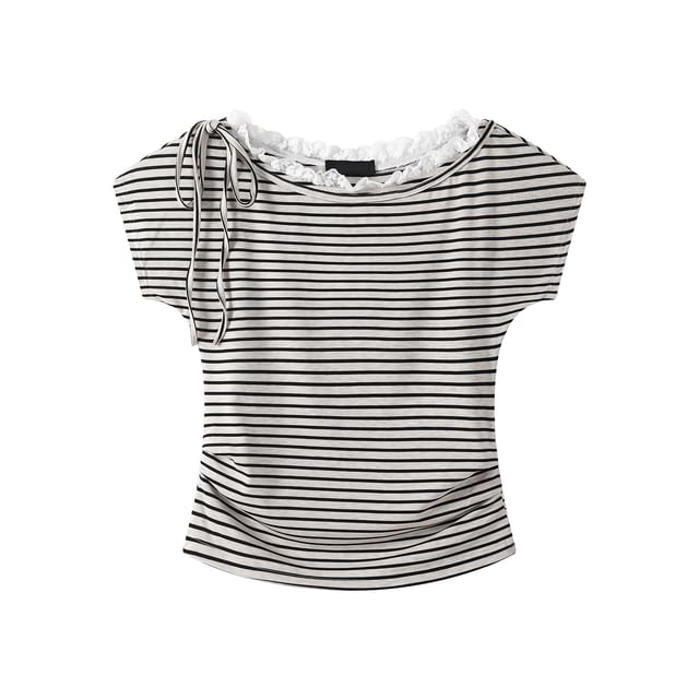 Boat Neck Striped Lace Trim Ruched Crop Tee
