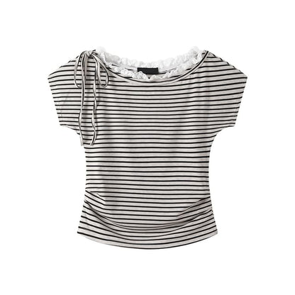 Boat Neck Striped Lace Trim Ruched Crop Tee