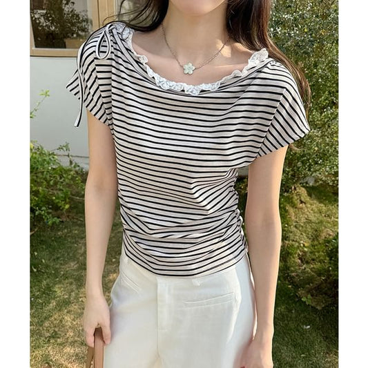 Boat Neck Striped Lace Trim Ruched Crop Tee