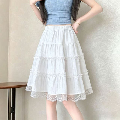 Elastic Waist Dotted Lace Trim A-Line Skirt