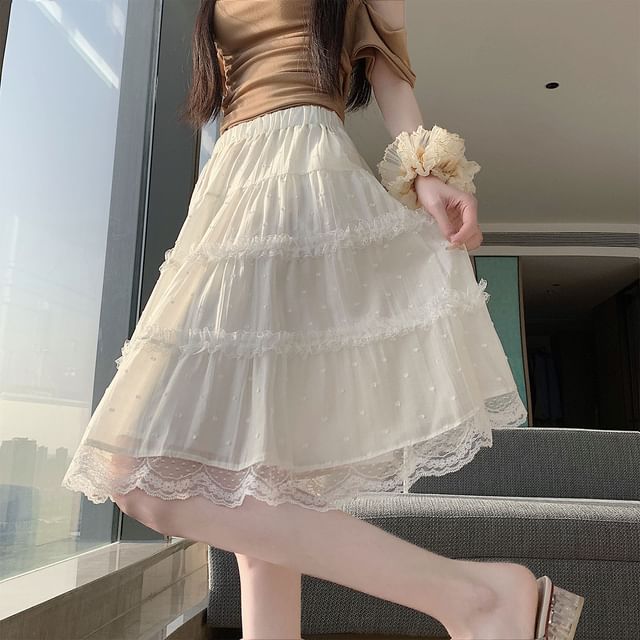 Elastic Waist Dotted Lace Trim A-Line Skirt