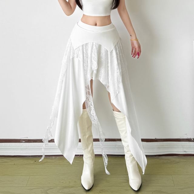 Mid Rise Asymmetrical Lace Panel A-Line Skirt