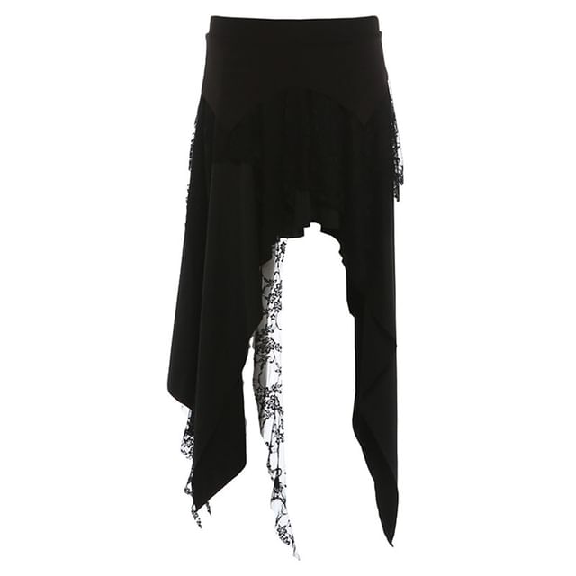 Mid Rise Asymmetrical Lace Panel A-Line Skirt