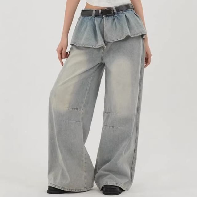 Mid Rise Washed Skirt Overlay Baggy Jeans