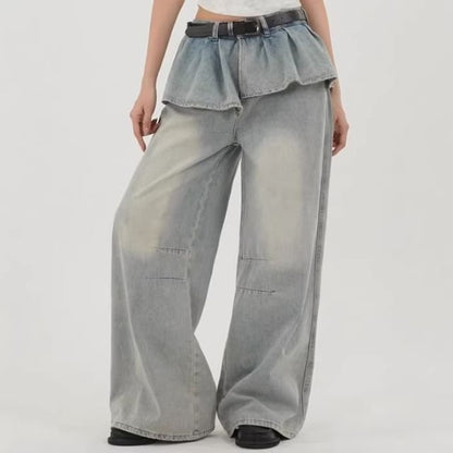 Mid Rise Washed Skirt Overlay Baggy Jeans