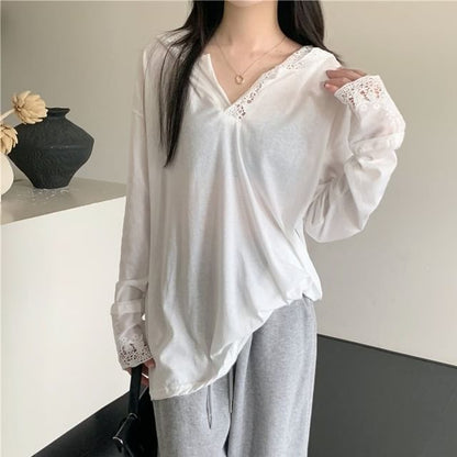 Long-Sleeve Hooded Plain Lace Trim T-Shirt