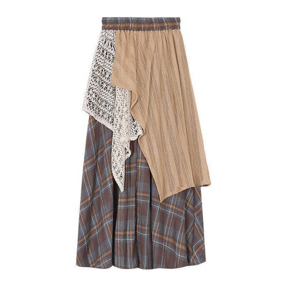 High Waist Lace Overlay Plaid Maxi A-Line Skirt