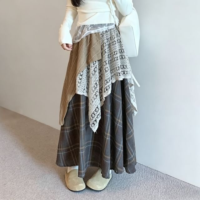High Waist Lace Overlay Plaid Maxi A-Line Skirt