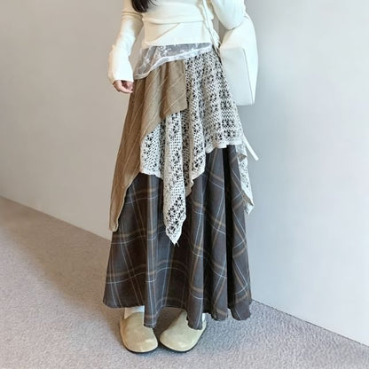 High Waist Lace Overlay Plaid Maxi A-Line Skirt