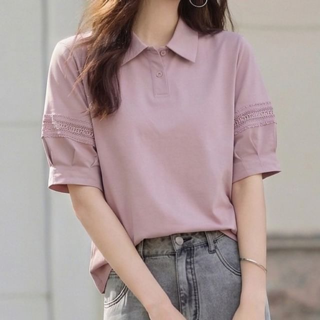 Elbow-Sleeve Collar Plain Lace Trim T-Shirt