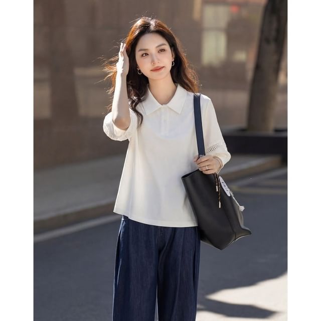 Elbow-Sleeve Collar Plain Lace Trim T-Shirt