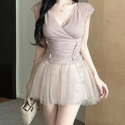 Cap-Sleeve V-Neck Ruched Lace Crop Top / High Waist Plain Mesh Mini A-Line Skort