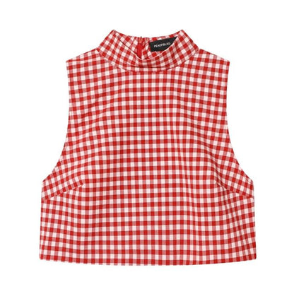 Mock Neck Gingham Slit Crop Tank Top / Mid Rise Ruched Cropped Straight Leg Pants
