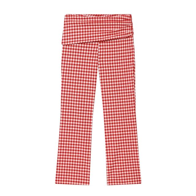 Mock Neck Gingham Slit Crop Tank Top / Mid Rise Ruched Cropped Straight Leg Pants