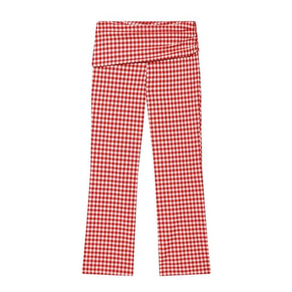 Mock Neck Gingham Slit Crop Tank Top / Mid Rise Ruched Cropped Straight Leg Pants