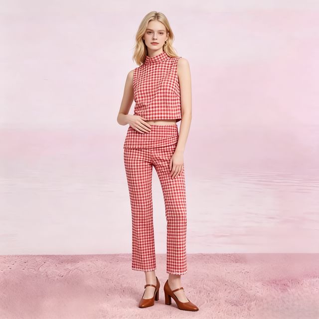 Mock Neck Gingham Slit Crop Tank Top / Mid Rise Ruched Cropped Straight Leg Pants