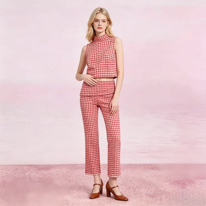 Mock Neck Gingham Slit Crop Tank Top / Mid Rise Ruched Cropped Straight Leg Pants
