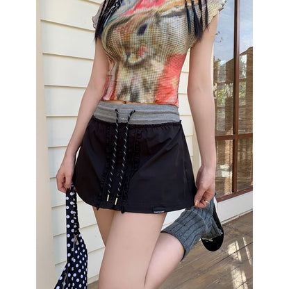 High Waist Color-Block Ruffled Mini A-Line Skirt