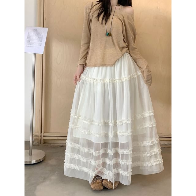 High Waist Plain Ruffled Sheer Maxi A-Line Skirt