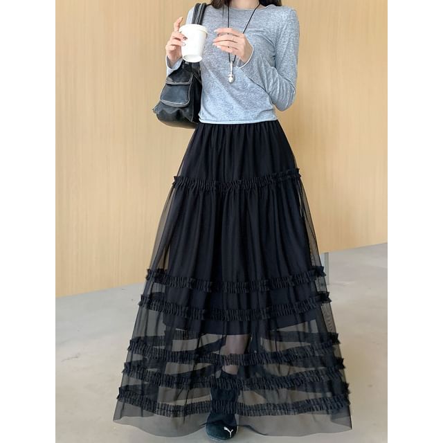 High Waist Plain Ruffled Sheer Maxi A-Line Skirt