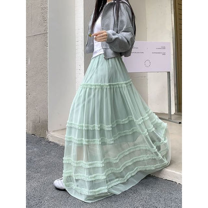 High Waist Plain Ruffled Sheer Maxi A-Line Skirt