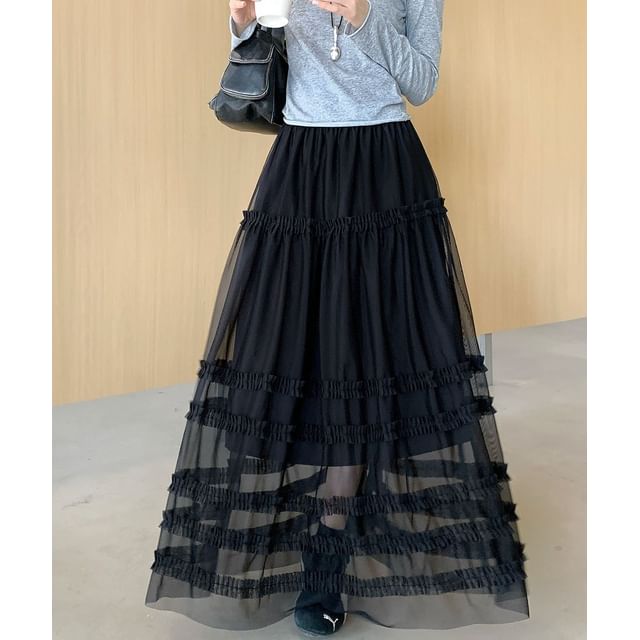 High Waist Plain Ruffled Sheer Maxi A-Line Skirt