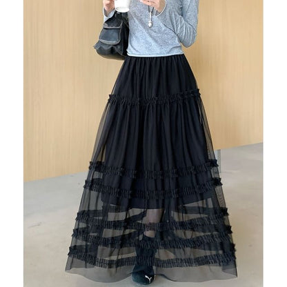 High Waist Plain Ruffled Sheer Maxi A-Line Skirt