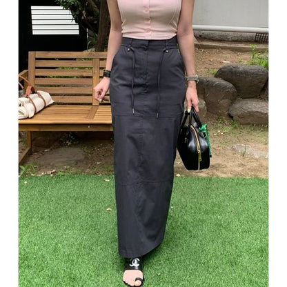 High Waist Plain Cargo Maxi Pencil Skirt