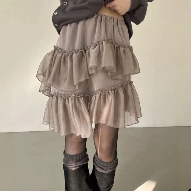 High Waist Mesh Panel Ruffled Mini Skirt