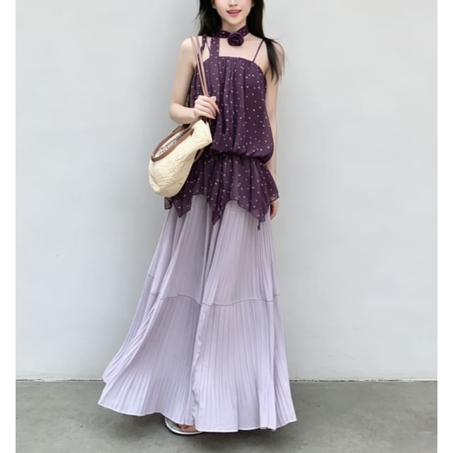 Dotted Sheer Loose-Fit Camisole Top / High Waist Plain Ruched Maxi Skirt