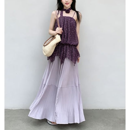 Dotted Sheer Loose-Fit Camisole Top / High Waist Plain Ruched Maxi Skirt