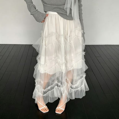 Mid Rise Plain Ruffle Maxi Tiered Skirt