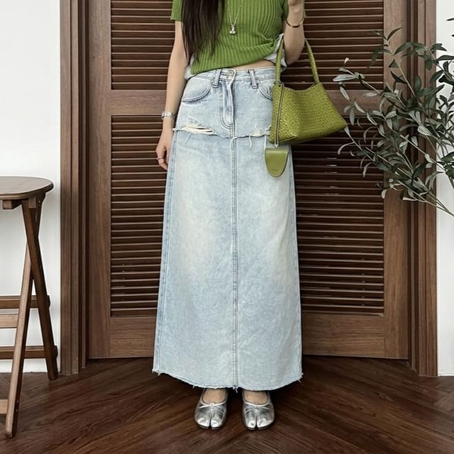 Mid Rise Washed Denim Maxi A-Line Skirt