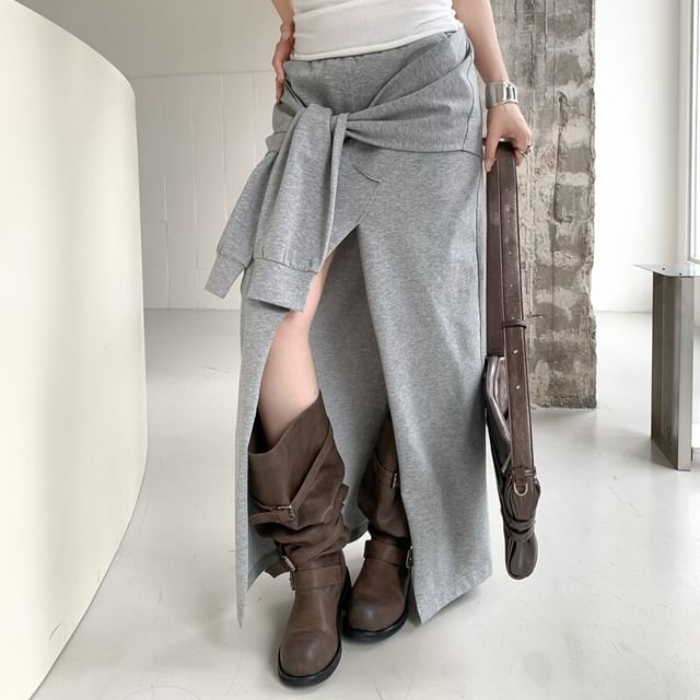 Mid Rise Plain Tie Front Slit Maxi A-Line Skirt