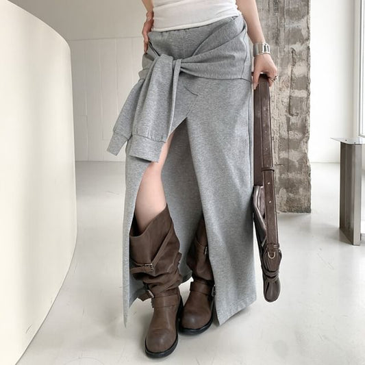 Mid Rise Plain Tie Front Slit Maxi A-Line Skirt