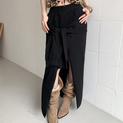 Mid Rise Plain Tie Front Slit Maxi A-Line Skirt