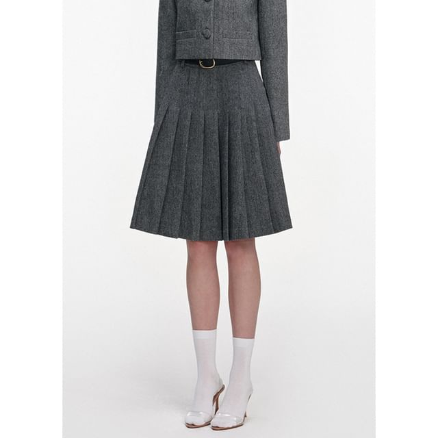 High Waist Herringbone Pleated Slit A-Line Skirt