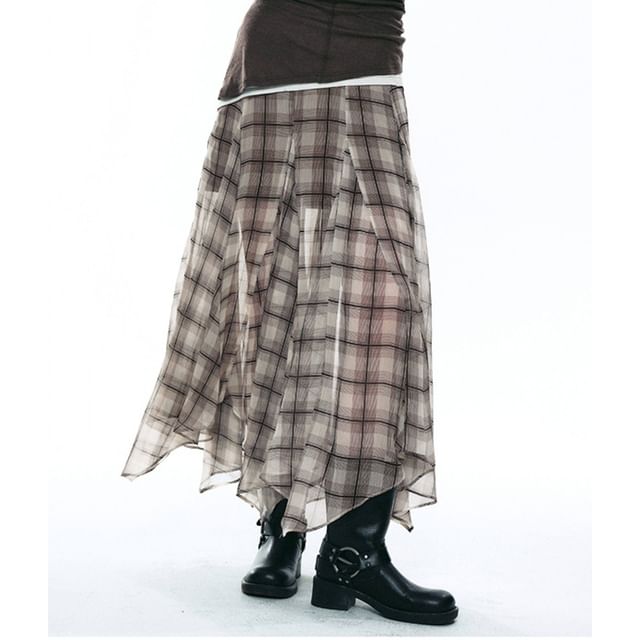 Mid Rise Plaid Asymmetrical Mesh Maxi A-Line Skirt
