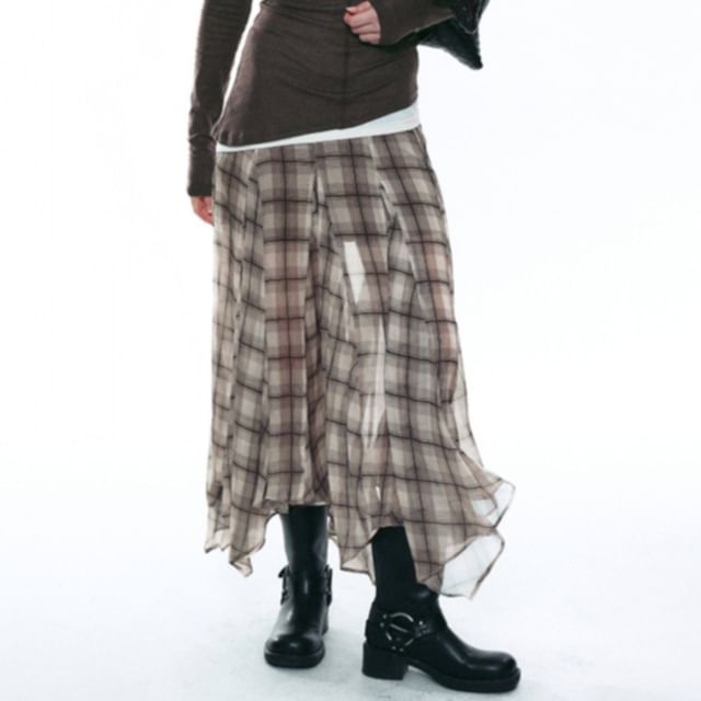 Mid Rise Plaid Asymmetrical Mesh Maxi A-Line Skirt
