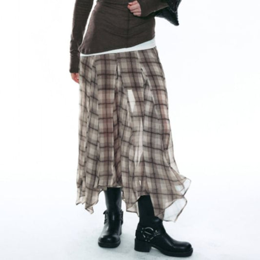 Mid Rise Plaid Asymmetrical Mesh Maxi A-Line Skirt